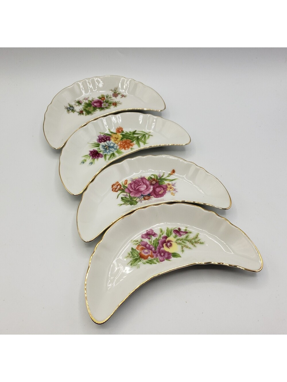 Vintage Bone China Crescent Bone Dishes Floral Set of 4 Japan Gold Trim